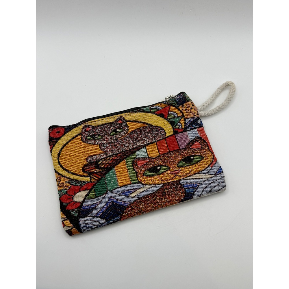 Tapestry Whimsical Cat Graphic Zip Pouch Wristlet Multicolor Coin Purse New‎